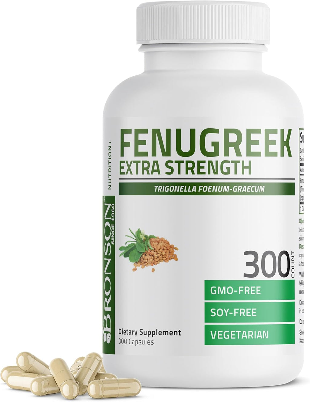 Bronson Fenugreek Seed Powder Capsules Extra Strength, Trigonella Foenum-Graecum, Non-GMO, Soy-Free, Vegetarian, 300 Capsules