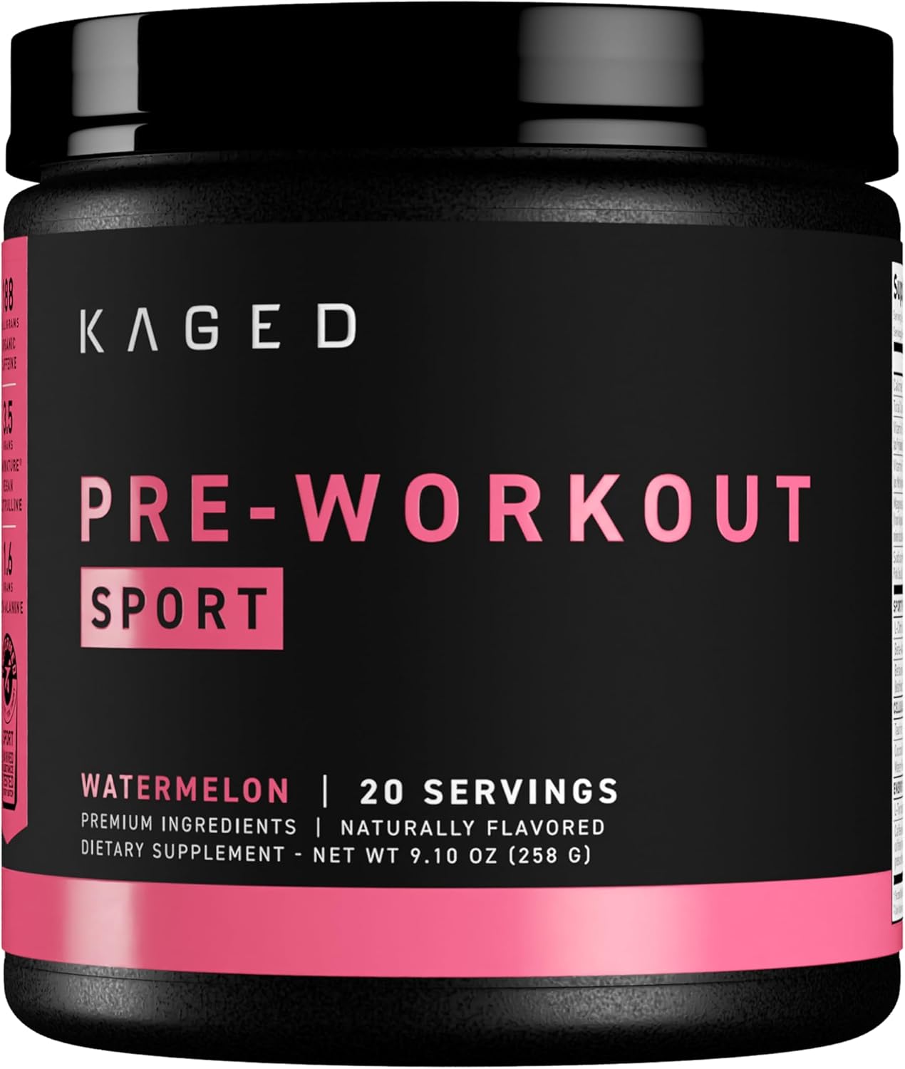 Kaged Sport Pre Workout Powder for Men & Women, Watermelon, Sport Certified, 188mg Caffeine, Nitric Oxide Supplement, Beta Alanine for Energy, Weightlifting, Cardio Endurance & Strength, 20 Servings