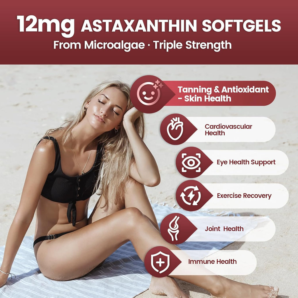 Astaxanthin 12mg, 240 Softgels, Fresh Haematococcus Pluvialis 10 in 1 Astaxanthin Antioxidant Supplements, Contains Lycopene, Grape Seed, Vitamin E, & More Supports Eye, Joints, Skin Health, 1 Bag