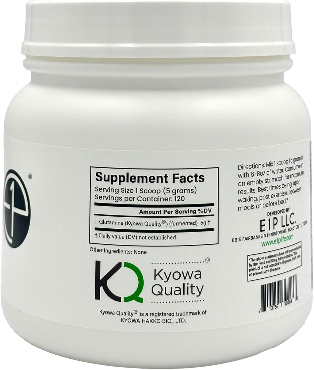 L-Glutamine 600grams (120 Servings) Unflavored, Non-GMO, Vegan Fermented, Third-Party Lab Tested. Made with Halal and Kosher Certified Ingredients.