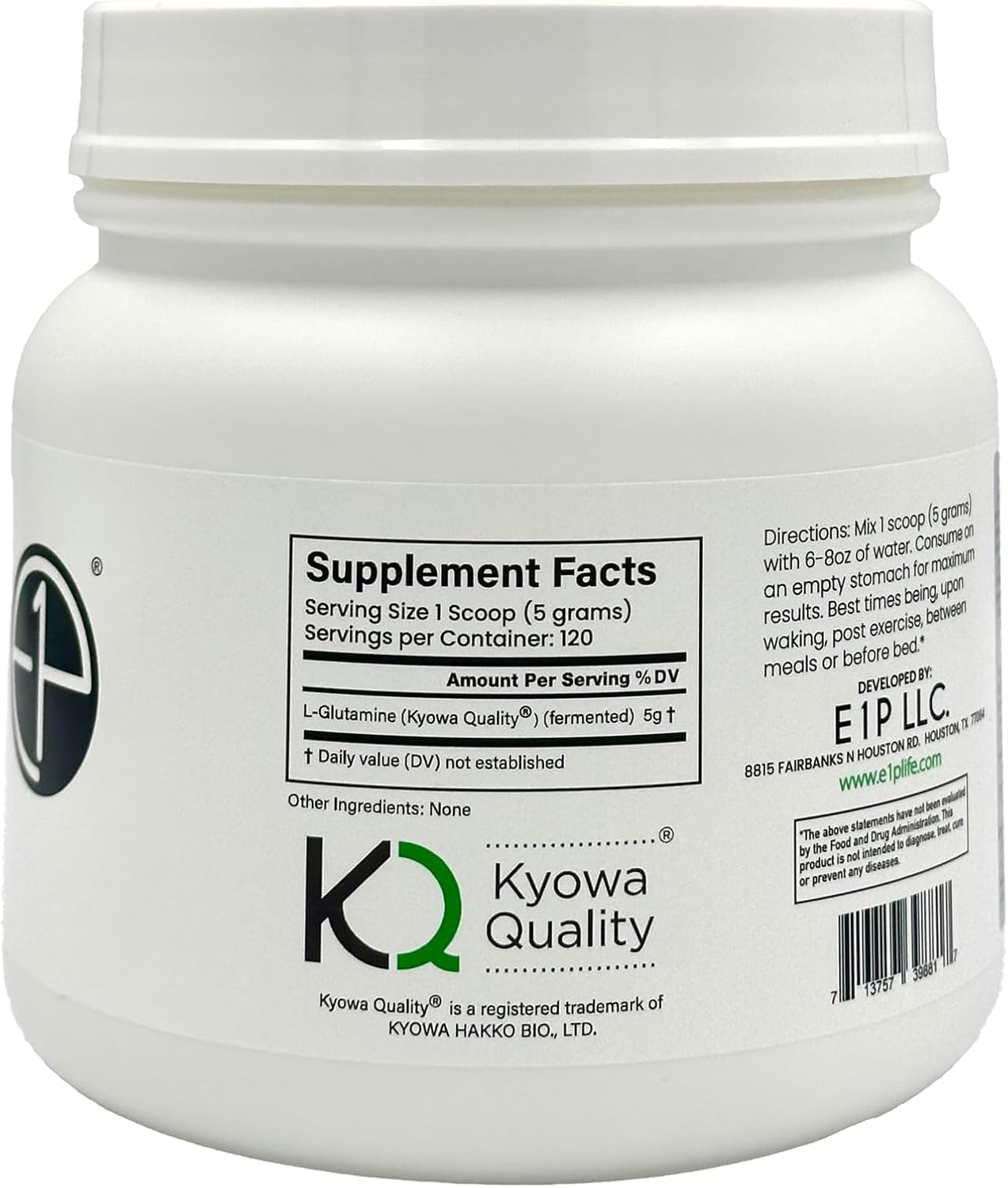 L-Glutamine 600grams (120 Servings) Unflavored, Non-GMO, Vegan Fermented, Third-Party Lab Tested. Made with Halal and Kosher Certified Ingredients.