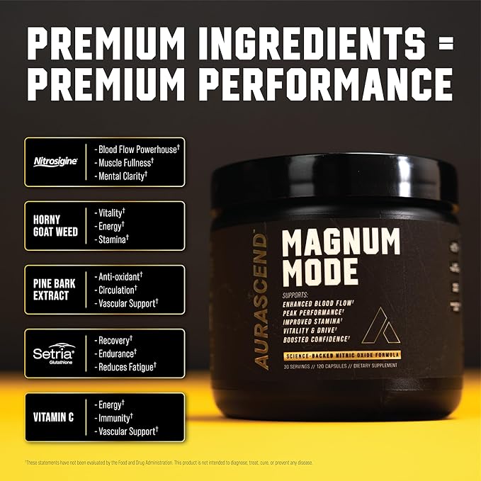 Aurascend Magnum Mode: Nitric Oxide Supplements for Men w/L Arginine, Natural Blood Flow Boost, Stamina Support, Energy Maximizer, Metabolic Pre Workout | 120 Count