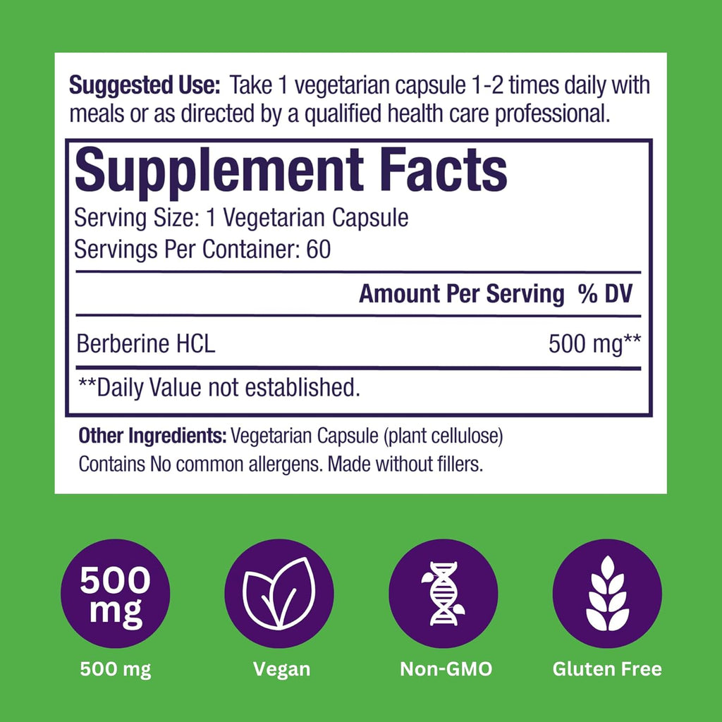 Paradise Herbs, Berberine Extract, 500 mg, Pure & Potent Berberine Supplement, Vegan, Non-GMO, Gluten Free, 60 Vegetarian Capsules