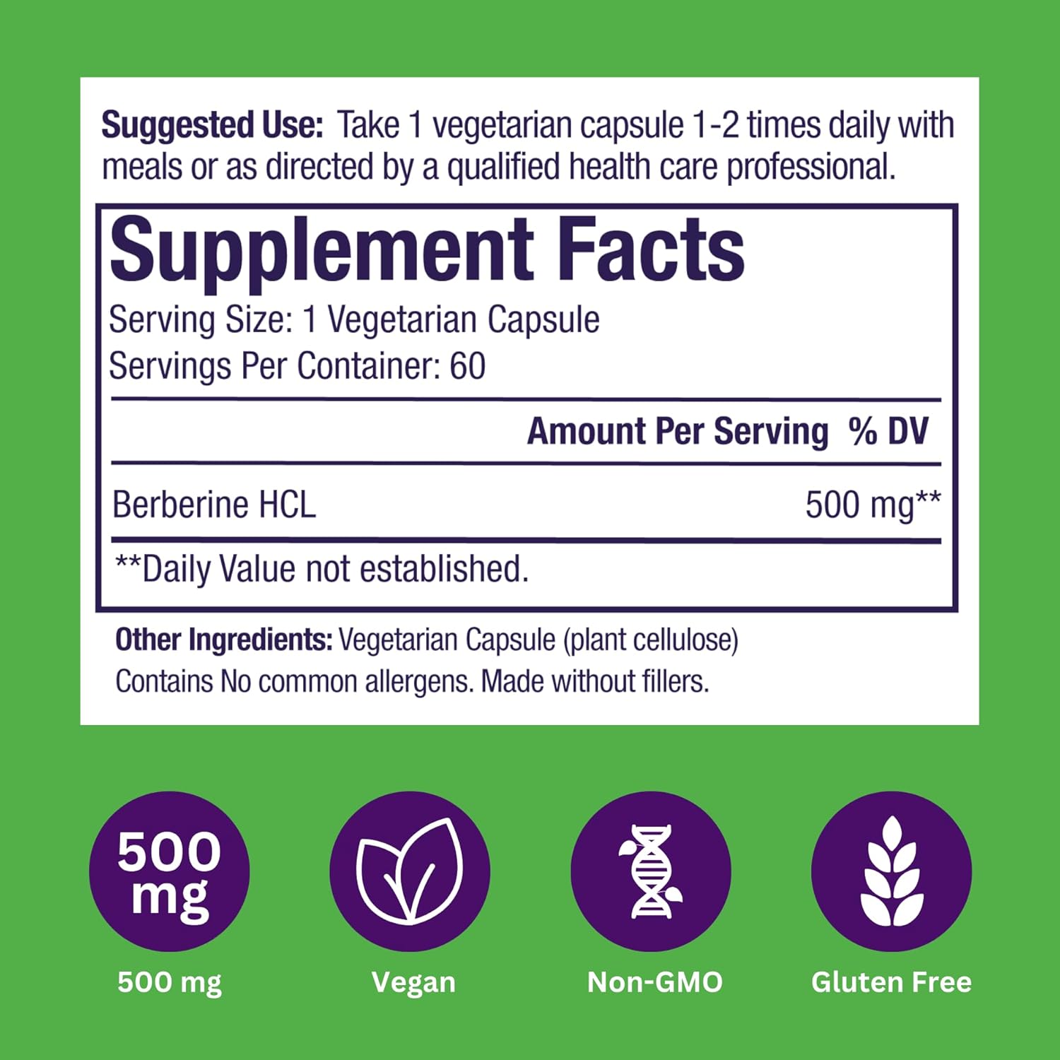 Paradise Herbs, Berberine Extract, 500 mg, Pure & Potent Berberine Supplement, Vegan, Non-GMO, Gluten Free, 60 Vegetarian Capsules