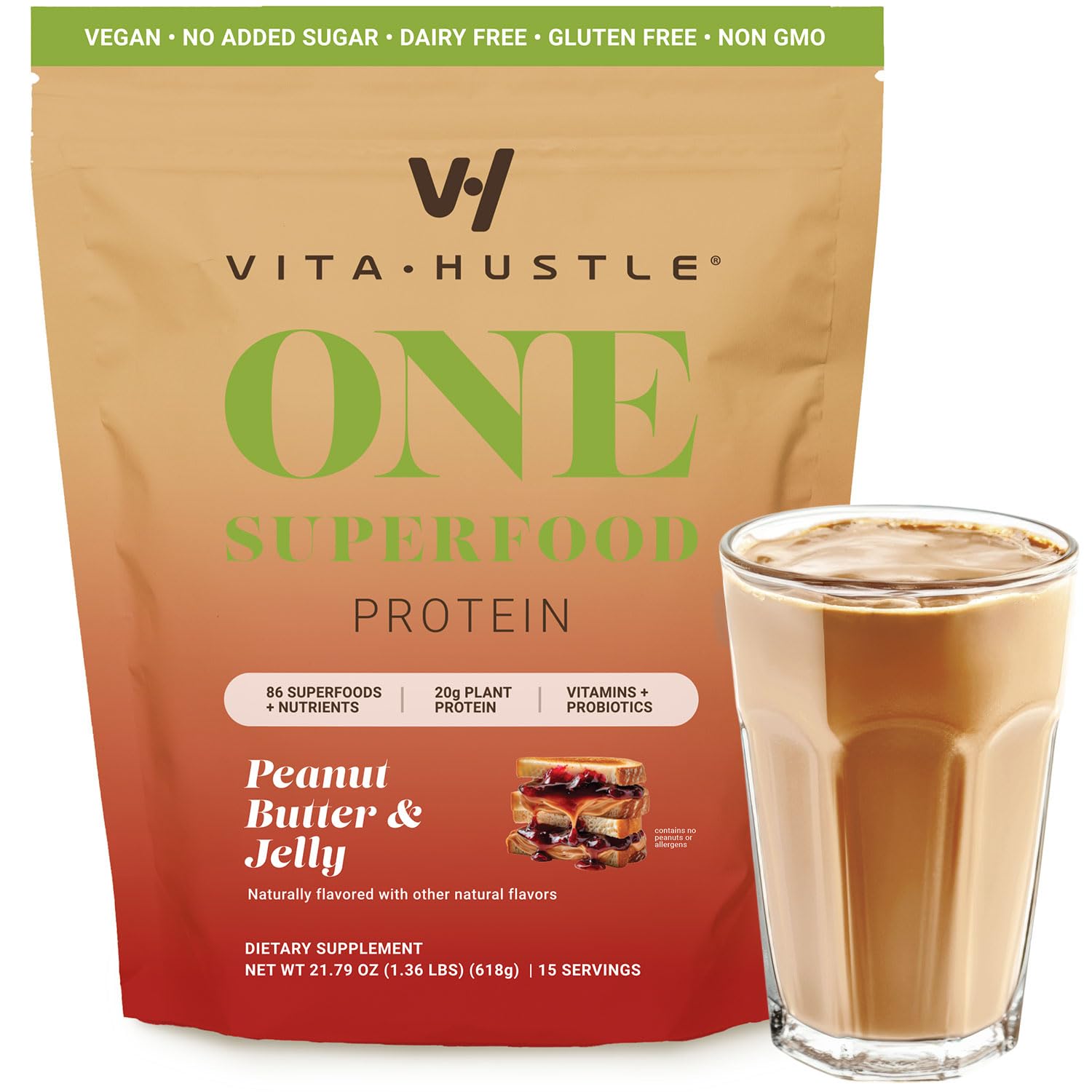 VitaHustle All-in-One Nutrition Shake, Peanut Butter & Jelly - Plant Based Protein Powder by Kevin Hart – Vegan Meal Replacement Shake with KSM66 Ashwagandha & 86+ Superfoods - Organic Meal Replacement Powder