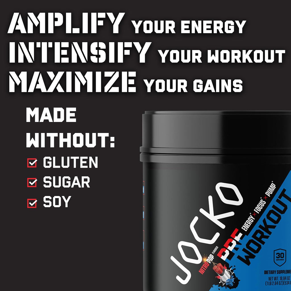 Jocko Fuel Pre Workout for Men & Women - High Stim Low Sugar Blend with Beta Alanine + L-Citrulline, Support Muscle Pump, Energy, & Recovery, 200mg of Caffeine Nitro Pop, 30 Servings 1.31lbs (594 G)