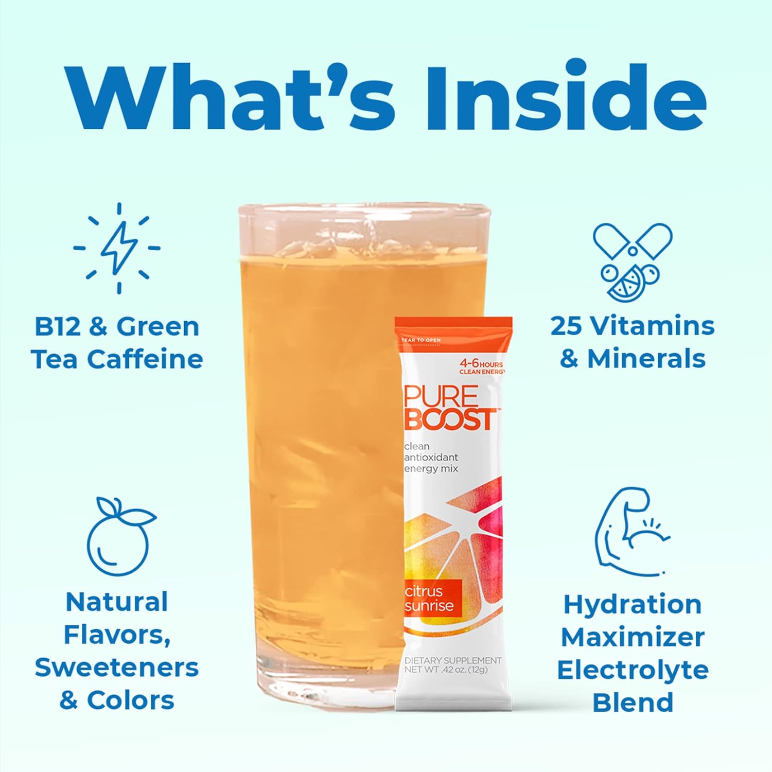 Pureboost Clean Energy Booster, Refreshing Energy Drink Mix with B12 Vitamins, Electrolytes, Antioxidants, Sugar-Free with No Sucralose (Combo Pack, 30 Count)