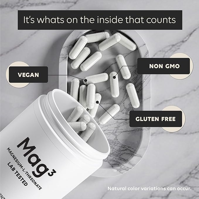 Mag3 – Magnesium L Threonate 2000mg Per Serving, 30 Servings of Pharmaceutical Grade, Non-GMO, Soy Free, Gluten Free, Vegetarian Capsules - Supplement for Brain & Joint