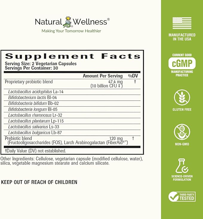 Natural Wellness Super Probiotic + Prebiotic Blend – 10 Billion CFUs with 8 Strains – Probiotics for Women & Men for Digestive Health, Gut Balance & Immune Support – Non-GMO, 30-Day Supply