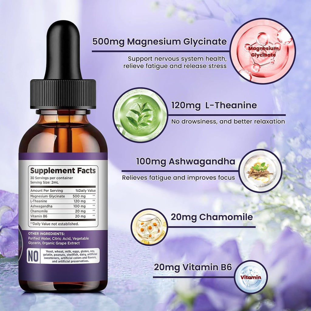 Magnesium Glycinate Liquid Drops 500mg, with Vitamin B6, Ashwagandha, L - Theanine, Chamomile, Magnesium Glycinate Supplement High Absorption for Sleep, Stress, Energy, Mood - Grape Flavor, 2 FL.OZ