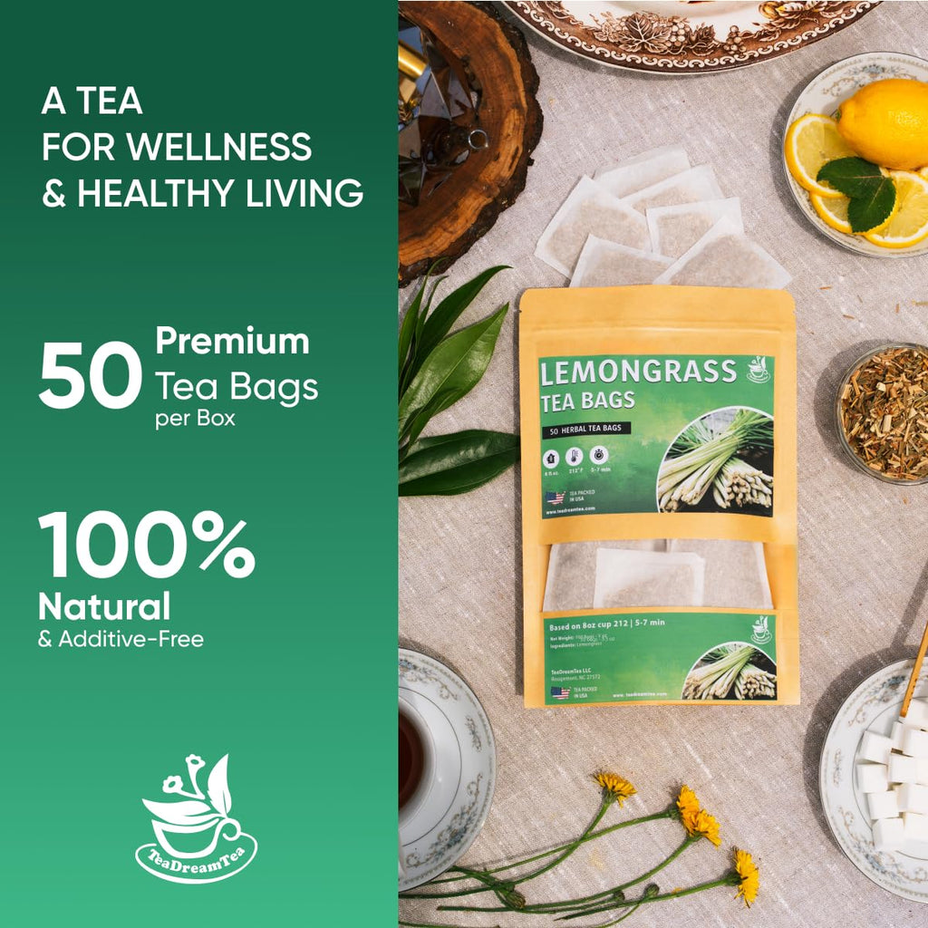 Lemongrass Tea Bags - 50 Bags (Premium Natural Pure Leaf Tea - 50 Count) Gluten-Free and Caffeine-Free Herbal tea for Relaxation, Wallness, Immune Support with Smooth Taste