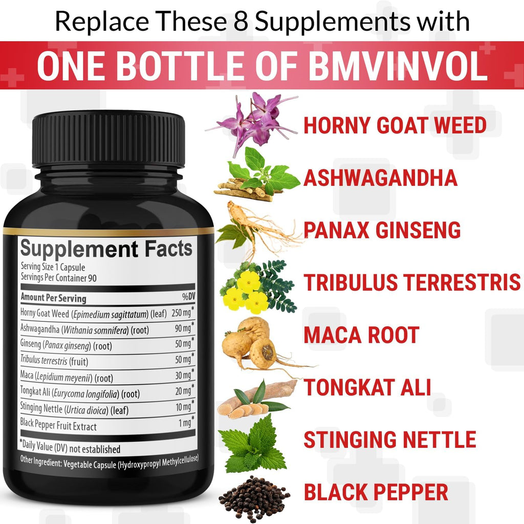 BMVINVOL 2Packs Horny Goat Weed Capsules - 180 Capsules for 6 Month Supply - Maca, Ginseng, Tribulus Terrestris, Ashwagandha