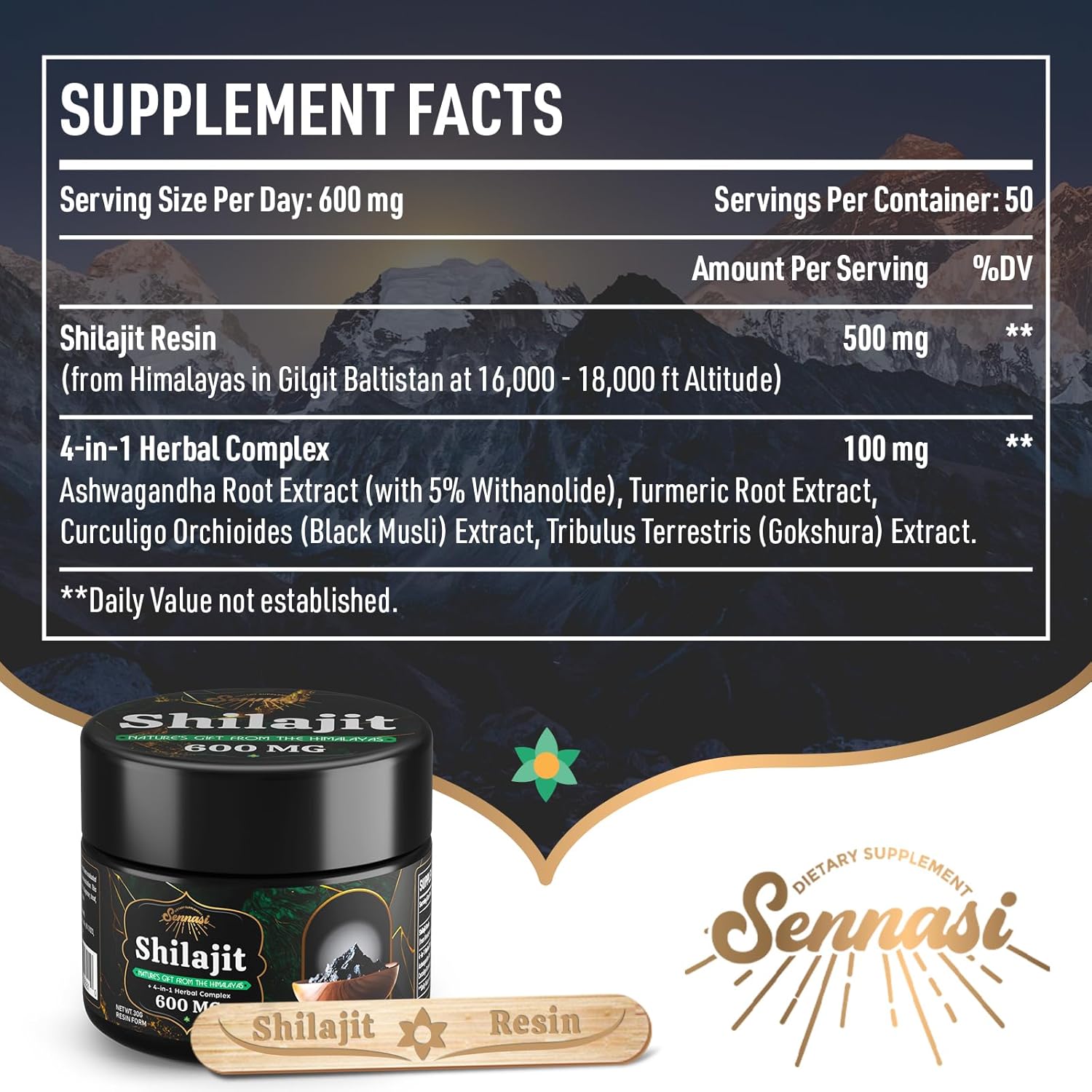 Sennasi 600 MG Shilajit Resin - Shilajit Supplement with Fulvic Acid & 85+ Trace Minerals for Energy, Immunity, Brain Power, 60 Grams