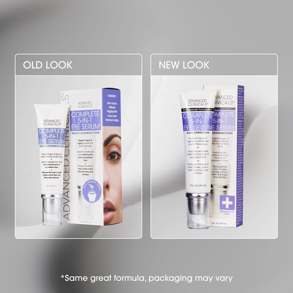 Advanced Clinicals 5-in-1 Eye Serum | Multi-Benefit Visible Anti Aging Under Eye Serum Face Moisturizer Reduces Appearance Of Dark Circles, Puffy Eyes, Crows Feet, Wrinkles, & Fine Lines, 2-Pack