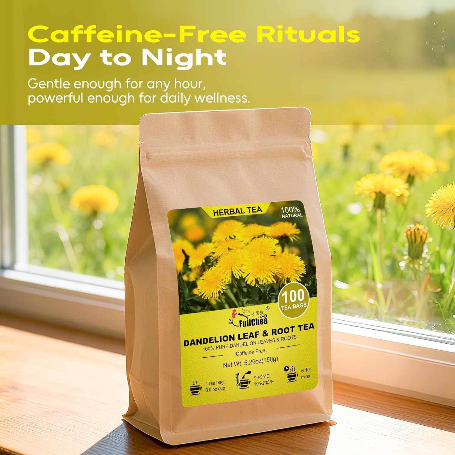 FullChea - Dandelion Leaf & Root Tea Bags, 100 Teabags, 1.5g/bag - Natural Dandelion Herbal Tea for Liver & Kidney Health - Non-GMO - Caffeine-free - Support Digestion & Boost Immune System