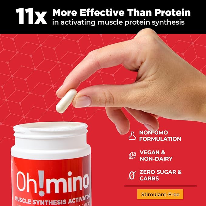Oh!mino Essential Amino Acids Supplement, Stimulant-Free Capsules, All 9 EAAs, BCAAs, The Perfect Amino for Workouts, Amino Energy, and to Build Muscle, and Recover Faster