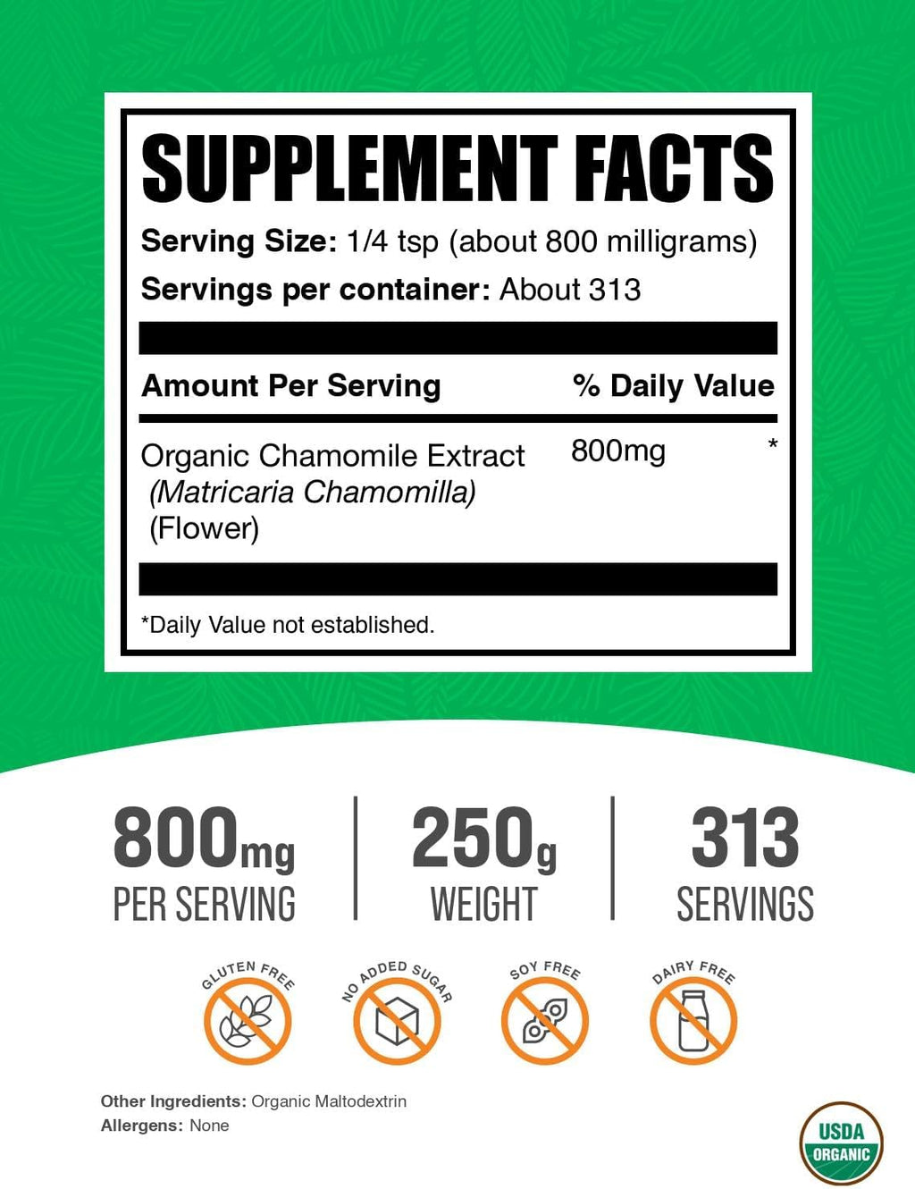 BulkSupplements.com Organic Chamomile Extract Powder - Herbal Supplement, Sourced from Chamomile Flowers - Vegan & Gluten Free, 800mg per Serving, 250g (8.8 oz) (Pack of 1)