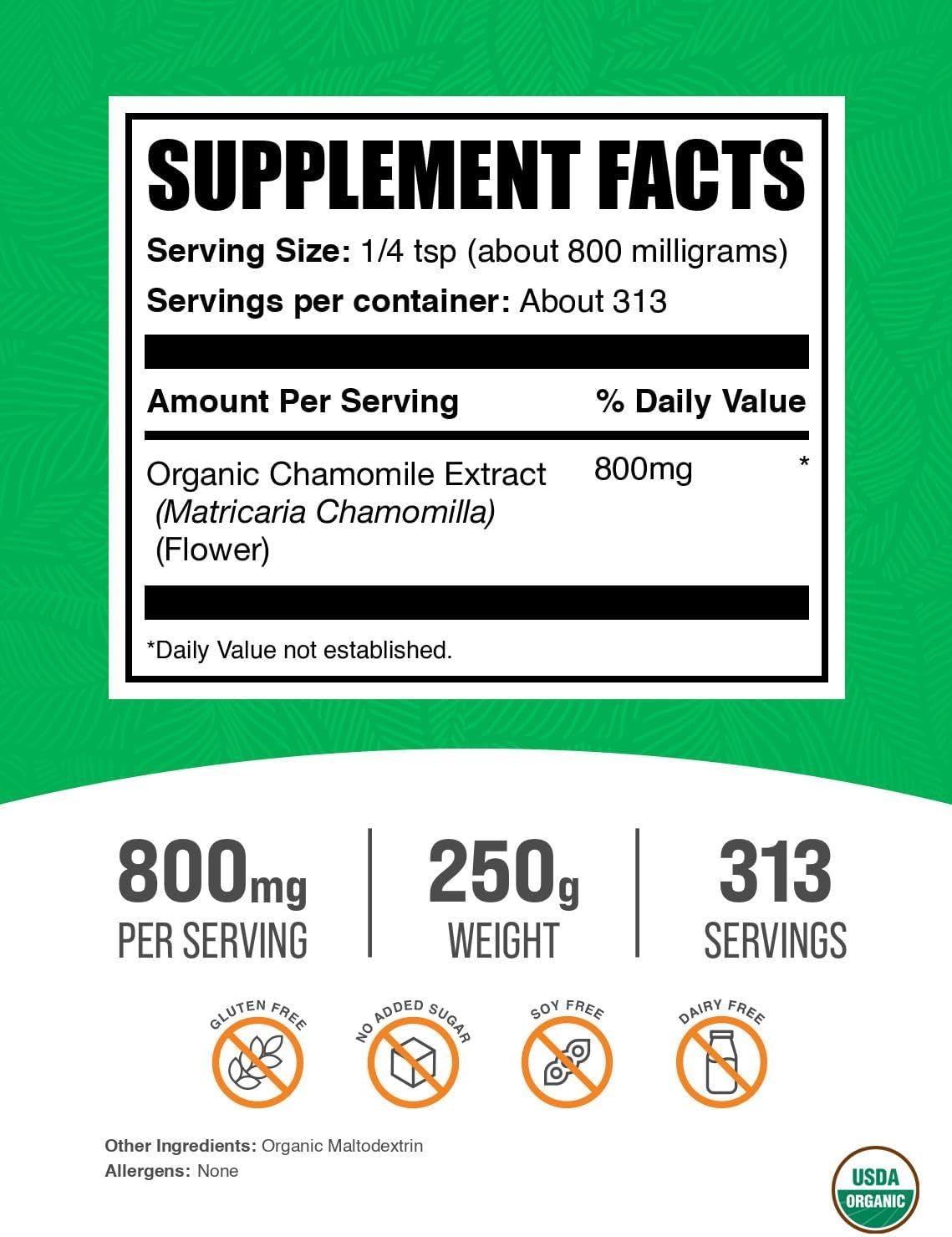 BulkSupplements.com Organic Chamomile Extract Powder - Herbal Supplement, Sourced from Chamomile Flowers - Vegan & Gluten Free, 800mg per Serving, 250g (8.8 oz) (Pack of 1)