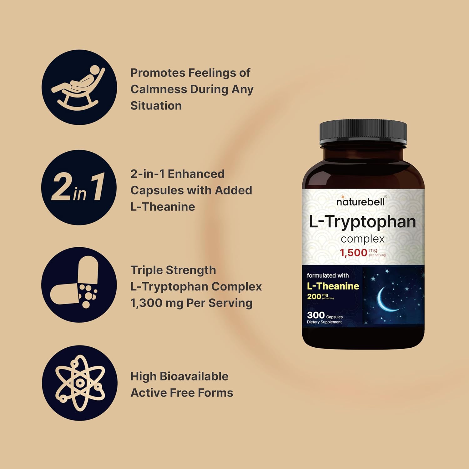 NatureBell L Tryptophan 1300mg with L Theanine 200mg, 300 Capsules | Active Free Form, Plant Based Supplement – Calm Formula, Supports Relaxation – Non-GMO & No Gluten