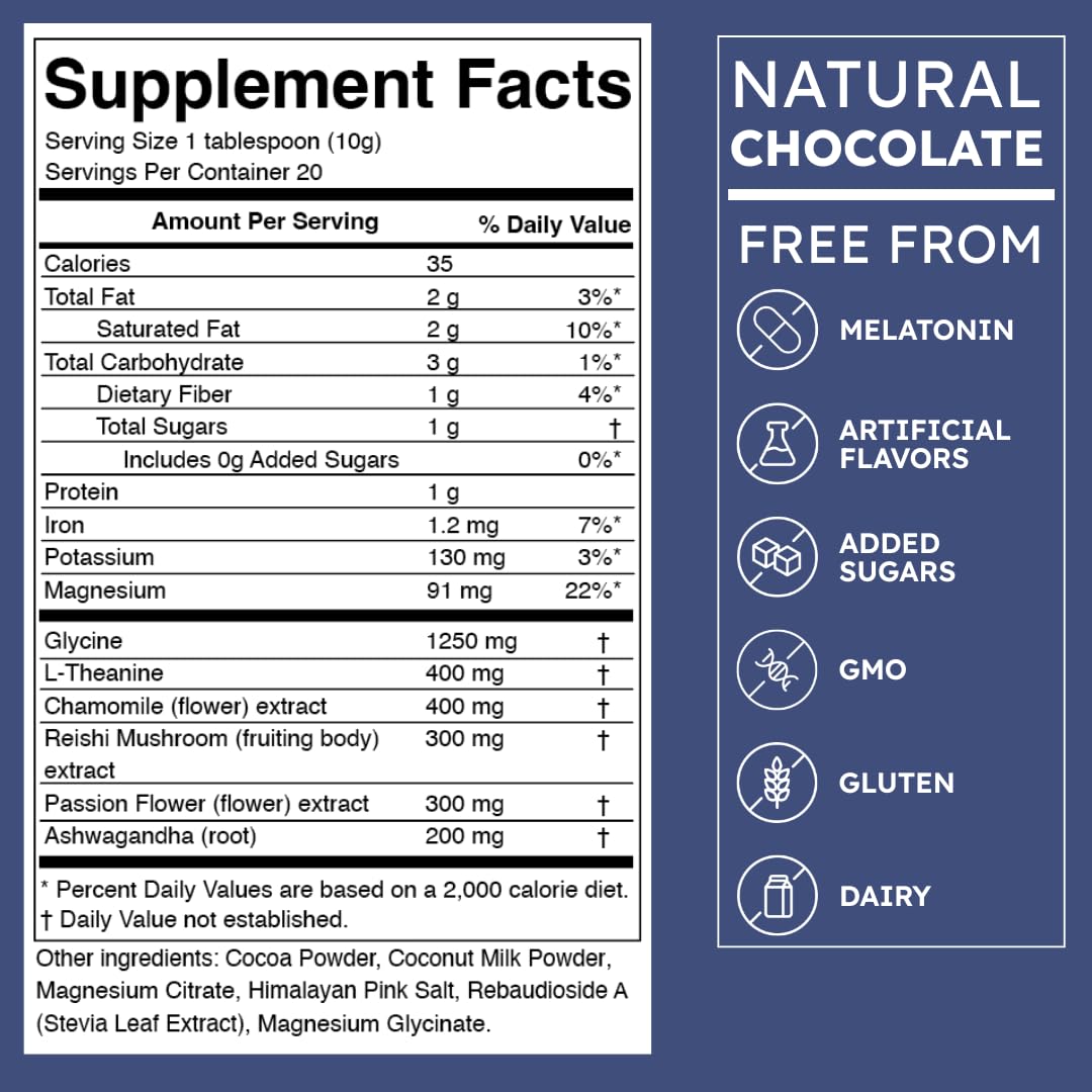 Brainoa Sleep Cocoa for Chocolate Lovers – With Magnesium Glycinate, Ashwagandha, Reishi Mushroom & L-Theanine – Bedtime Sleep Aid Drink for Adults – No Melatonin, Added Sugar, or Artificial Flavors