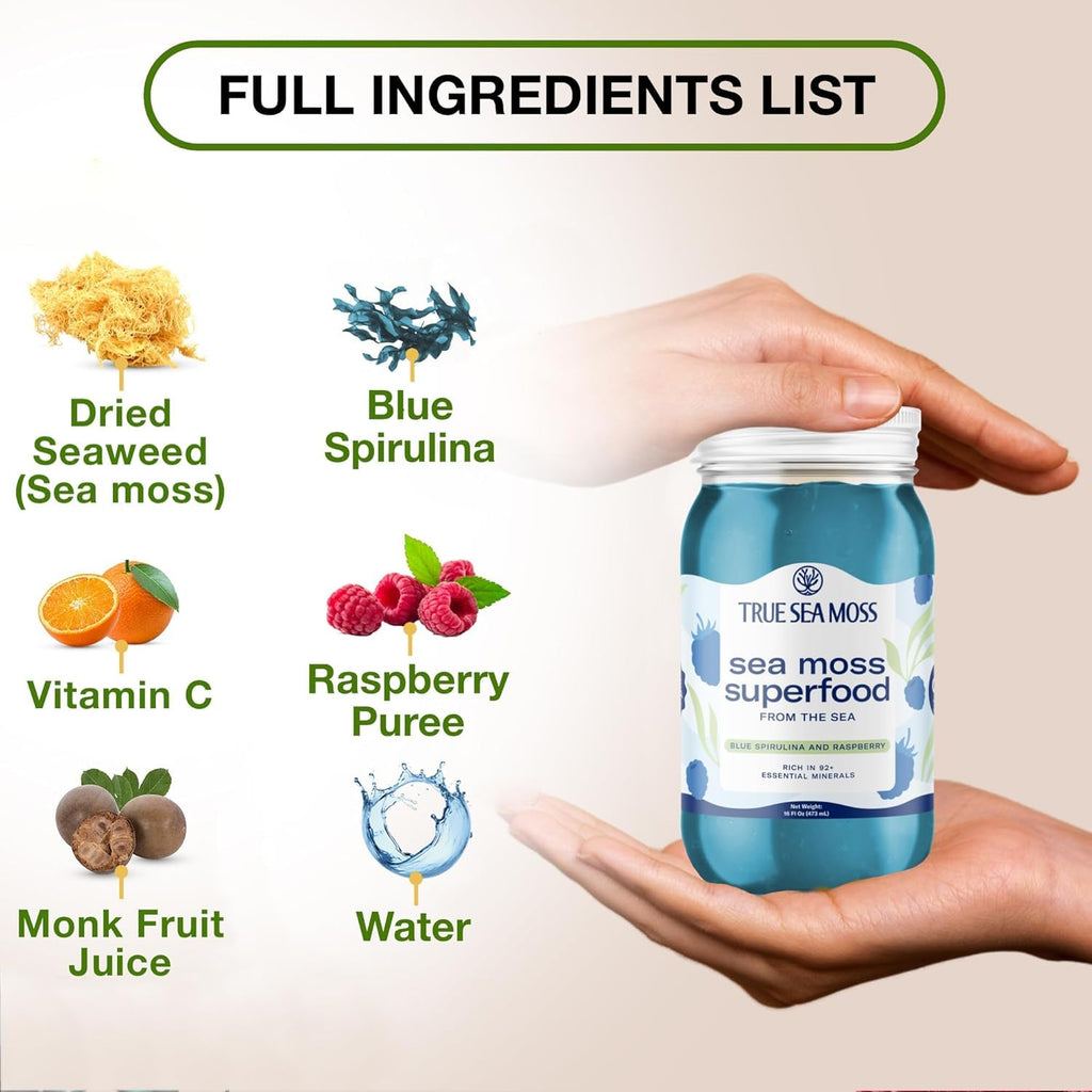 TrueSeaMoss Sea Moss Gel – Made in USA – Wildcrafted Seamoss, Fresh Fruits & Sea Vegetables – Blue Spirulina, Pack of 1 (Labels may Vary)