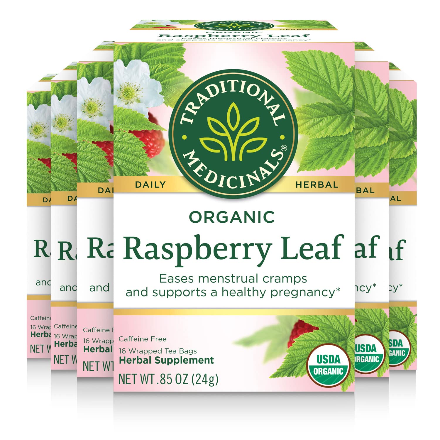 Traditional Medicinals Organic Raspberry Leaf Tea, Supports Healthy Pregnancy and Soothes Menstrual Cramps, (Pack of 6) - 96 Tea Bags Total