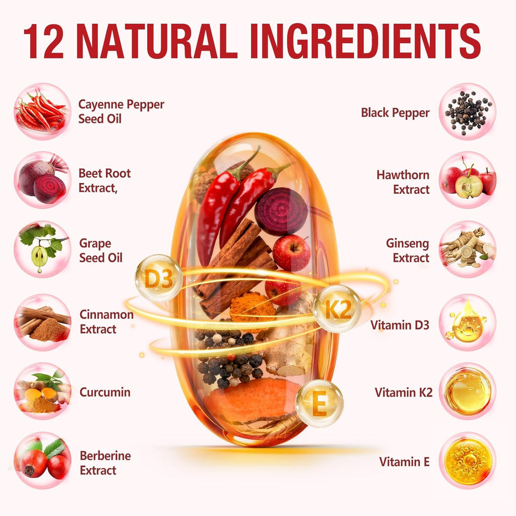 Cayenne Pepper Softgels Supplement, Cayenne Pepper Softgels with Vitamin D3 K2 & E, Grape Seed Extracts, Supports Healthy Blood Circulation, Circulatory Function, Antioxidant Support - 240 Softgels