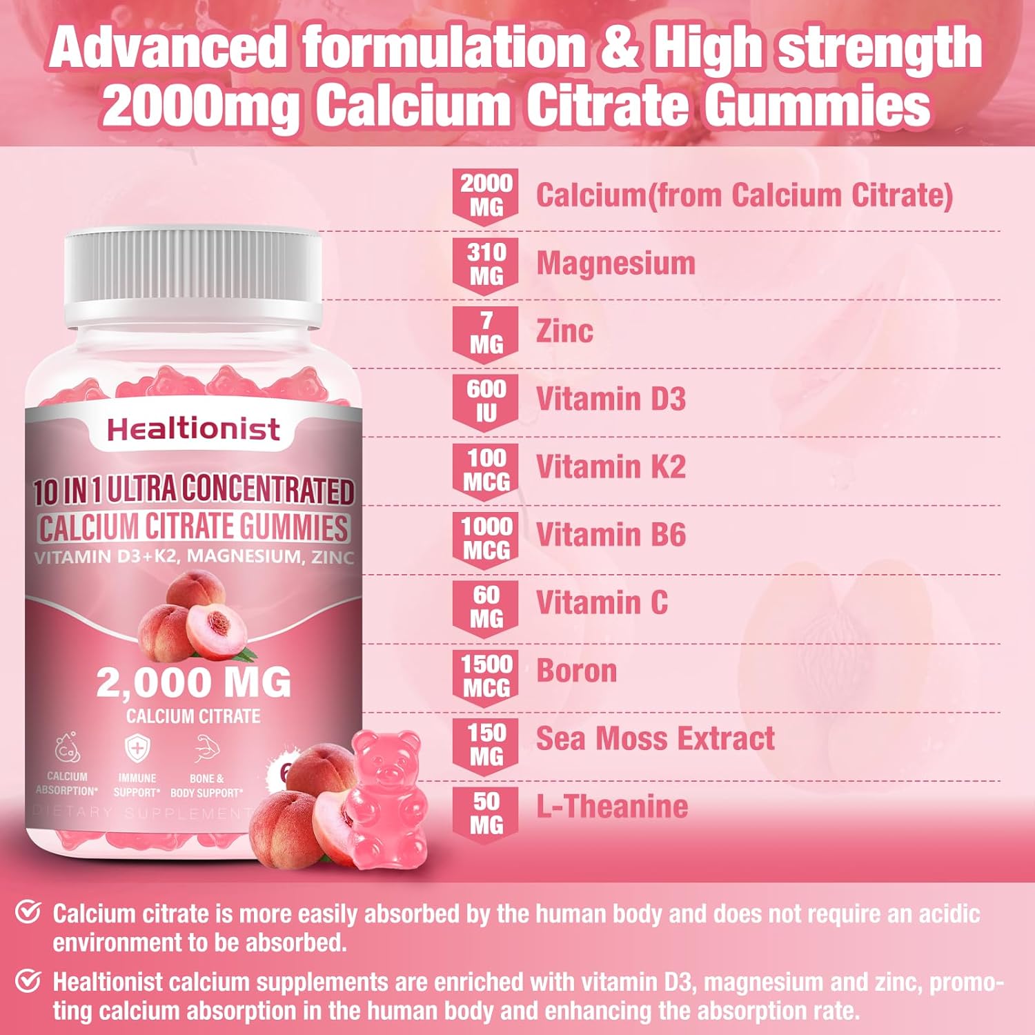 2 Packs 2000mg Calcium Citrate with Vitamin D3 K2 Supplements Gummies for Women & Men, Magnesium, Zinc, High Absorption, Bone, Muscle & Immune Support, 120 Counts Peach Flavor Gummies
