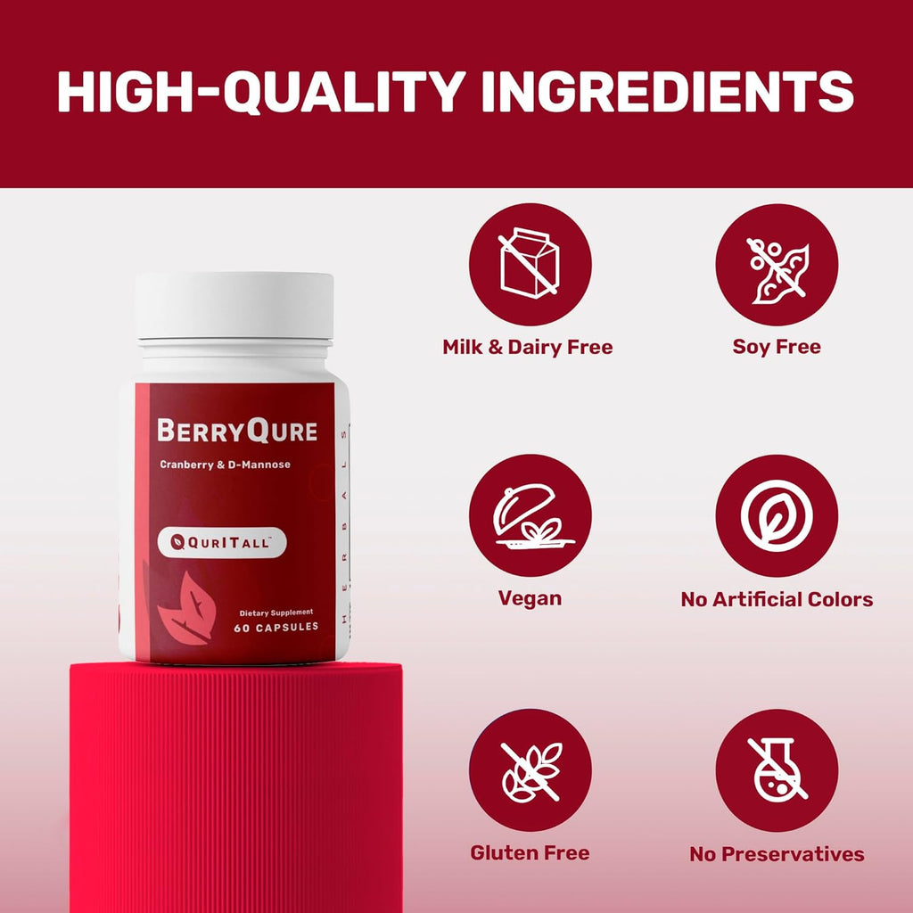 BerryQure Cranberry & D-Mannose Supplements for Women - D-Mannose Pills with Cranberry Juice Powder, Hibiscus Flower & Dandelion Herb Supports Urinary Tract Health - 60 Capsules