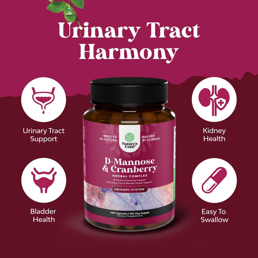D Mannose with Cranberry Supplement - Potent D Mannose 1000mg Capsules for Kidney Defense Support & Cleanse and Urinary Tract Health for Women & Men - Bladder Health Supplement for Adults - 240 Count