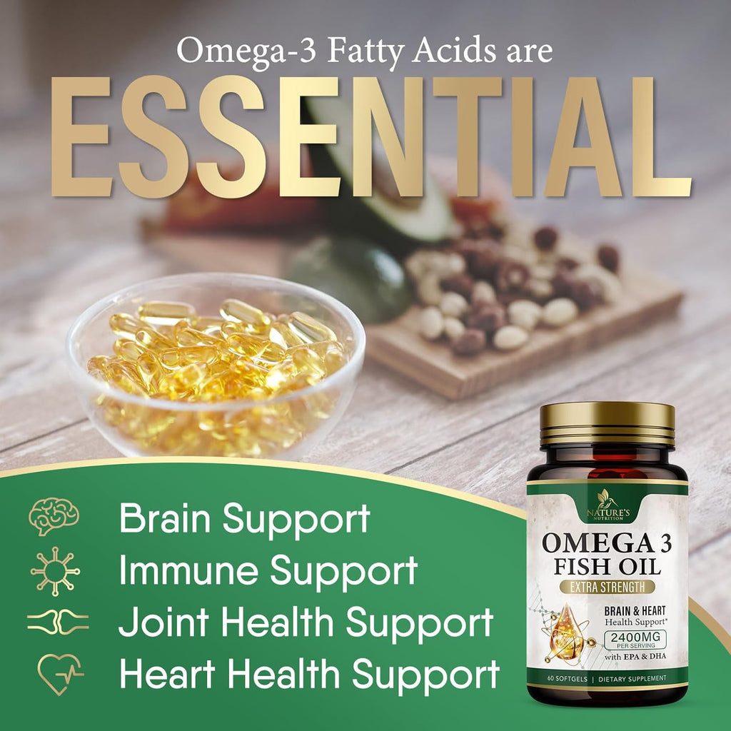 Omega 3 Fish Oil Supplements 2400 mg - Triple Strength Omega3 - EPA & DHA with Essential Fatty Acids - Natural Immune, Brain & Heart Health Support - Burpless, Lemon Flavor, Wild Caught - 60 Softgels