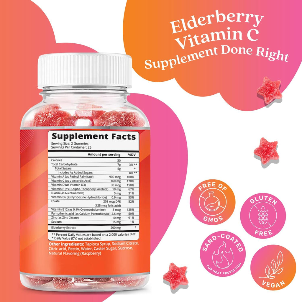 BeLive Elderberry Gummies with Vitamin C - Double Strength Elderberries Extract - Zinc, Multivitamins, B-Complex - for Immune Support Vitamins, Raspberry Flavor (250 Ct - 5 Packs)