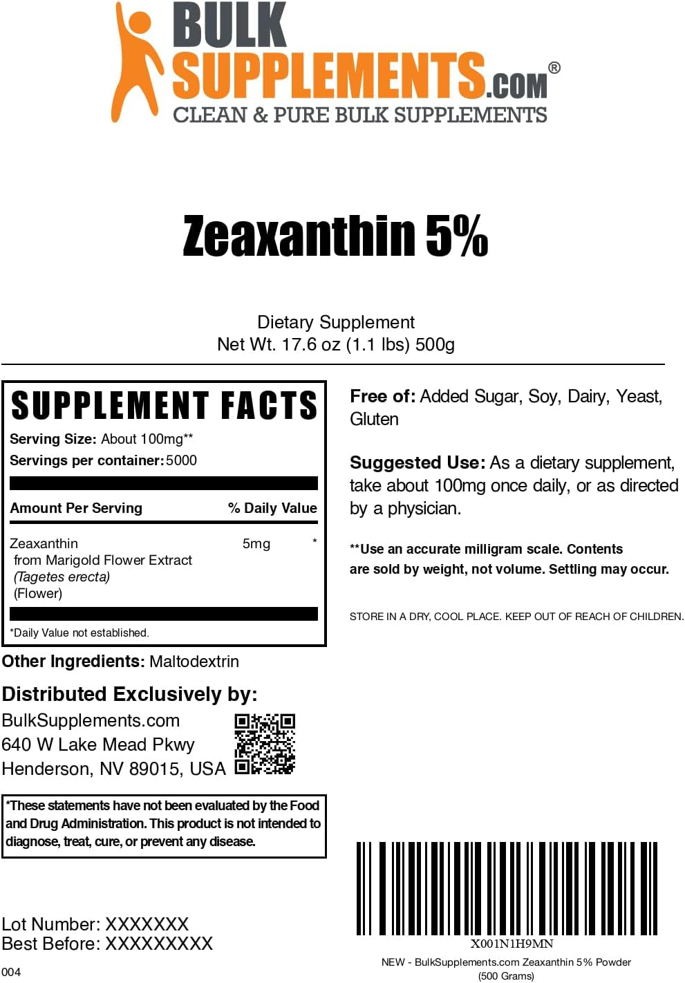 BulkSupplements.com Zeaxanthin Powder - Zeaxanthin Supplements, from Marigold Flower Extract - Gluten Free, 100mg (Zeaxanthin 5mg) per Serving, 500g (1.1 lbs) (Pack of 1)