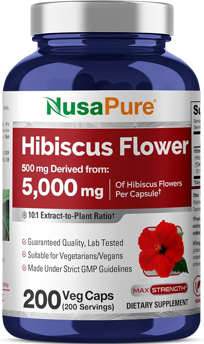 NusaPure Hibiscus Flower 10:1 Extract, 500 mg Equivalent to 5000mg 200 Vegetarian Caps (Non-GMO, Vegan)