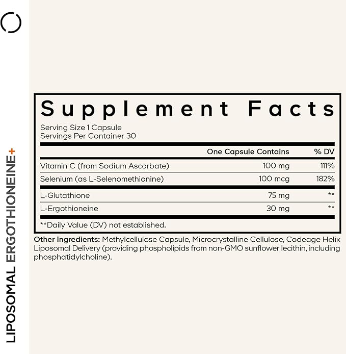 Codeage Liposomal Ergothioneine+ Supplement - L-Ergothioneine, L-Glutathione, Vitamin C, Selenium, Phospholipid Complex - Healthy Aging & Antioxidant - Vegan, Non-GMO, Soy-Free – 30 Capsules