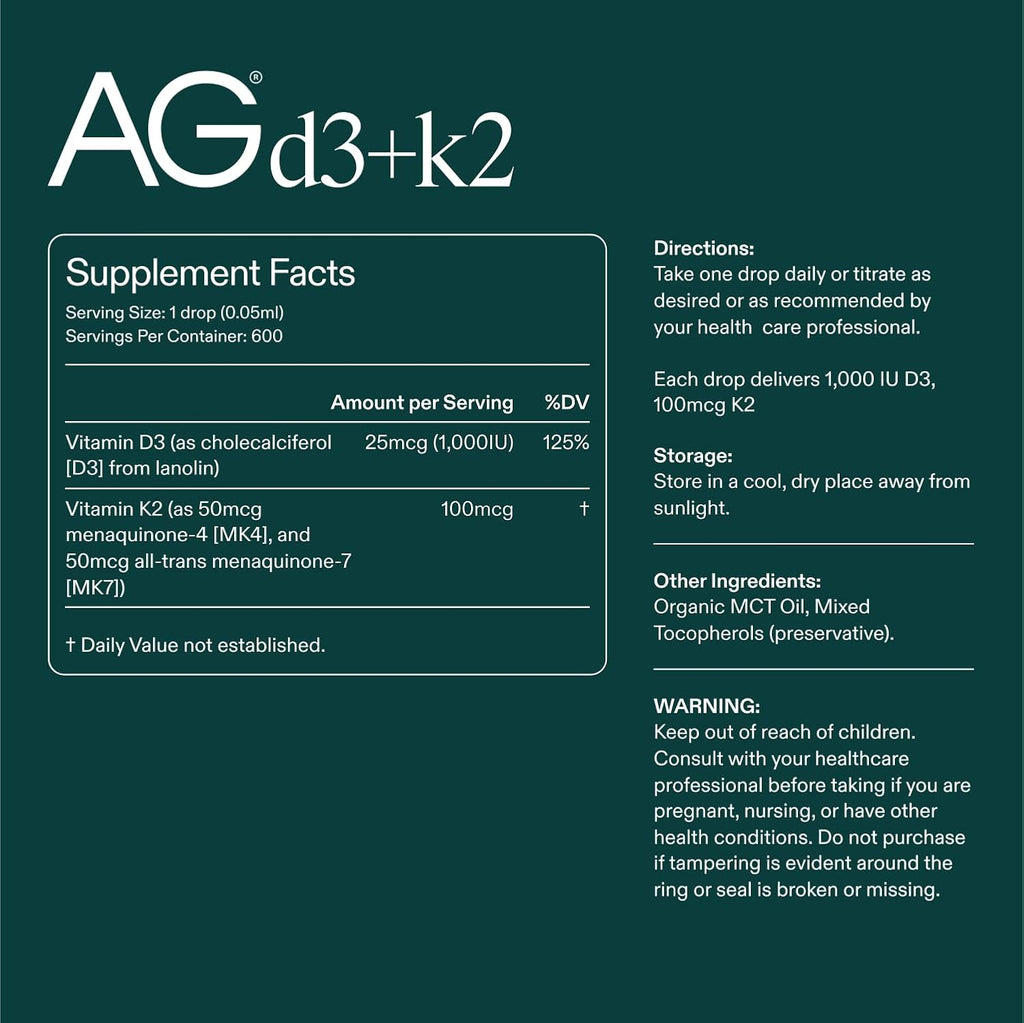 AG1 Vitamin D3 K2 Drops, 1000IU of Vitamin D3 and 100mcg of K2 per Serving, Supports Bone Density and Calcium Absorption (Athletic Greens)