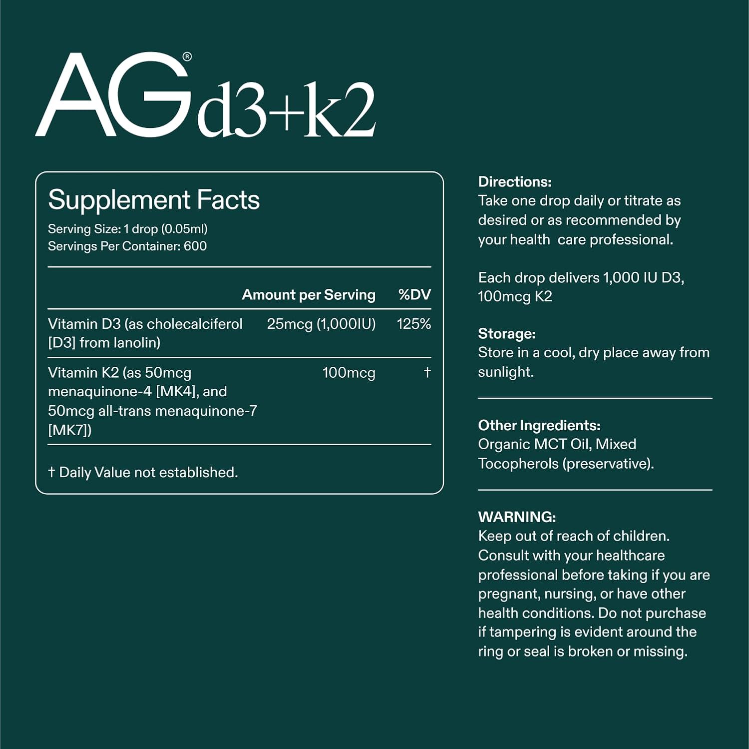AG1 Vitamin D3 K2 Drops, 1000IU of Vitamin D3 and 100mcg of K2 per Serving, Supports Bone Density and Calcium Absorption (Athletic Greens)