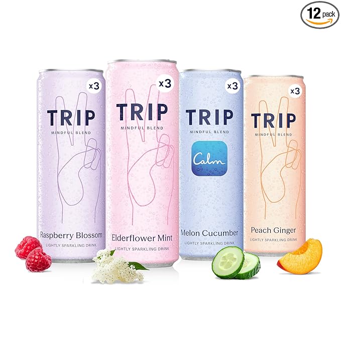 TRIP Lightly Sparkling Adaptogen Seltzer, Non-Alcoholic Mocktail with Magnesium, Ashwagandha, Lions Mane & L Theanine, No Added Sugar, Vegan, Original Variety Pack, 12 Oz, 12Pk