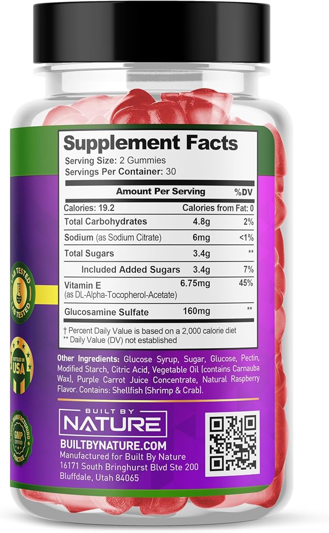Built by Nature Glucosamine Gummies – Joint Support Supplement – Delicious Raspberry Flavor – Non-GMO – 60 Gummies