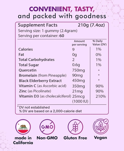 (3 Pack) Quercetin Gummies by BioVitalica - Quercetin with Bromelain Vitamin C and Zinc & Elderberry + Vitamin D3-5 in 1 Immune Support - Zinc Quercetin 750 mg for Kids and Adults