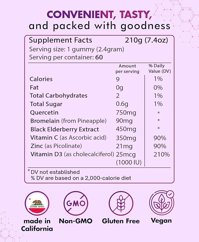 (2 Pack) Quercetin Gummies by BioVitalica - Quercetin with Bromelain Vitamin C and Zinc & Elderberry + Vitamin D3-5 in 1 Immune Support - Zinc Quercetin 750 mg for Kids and Adults