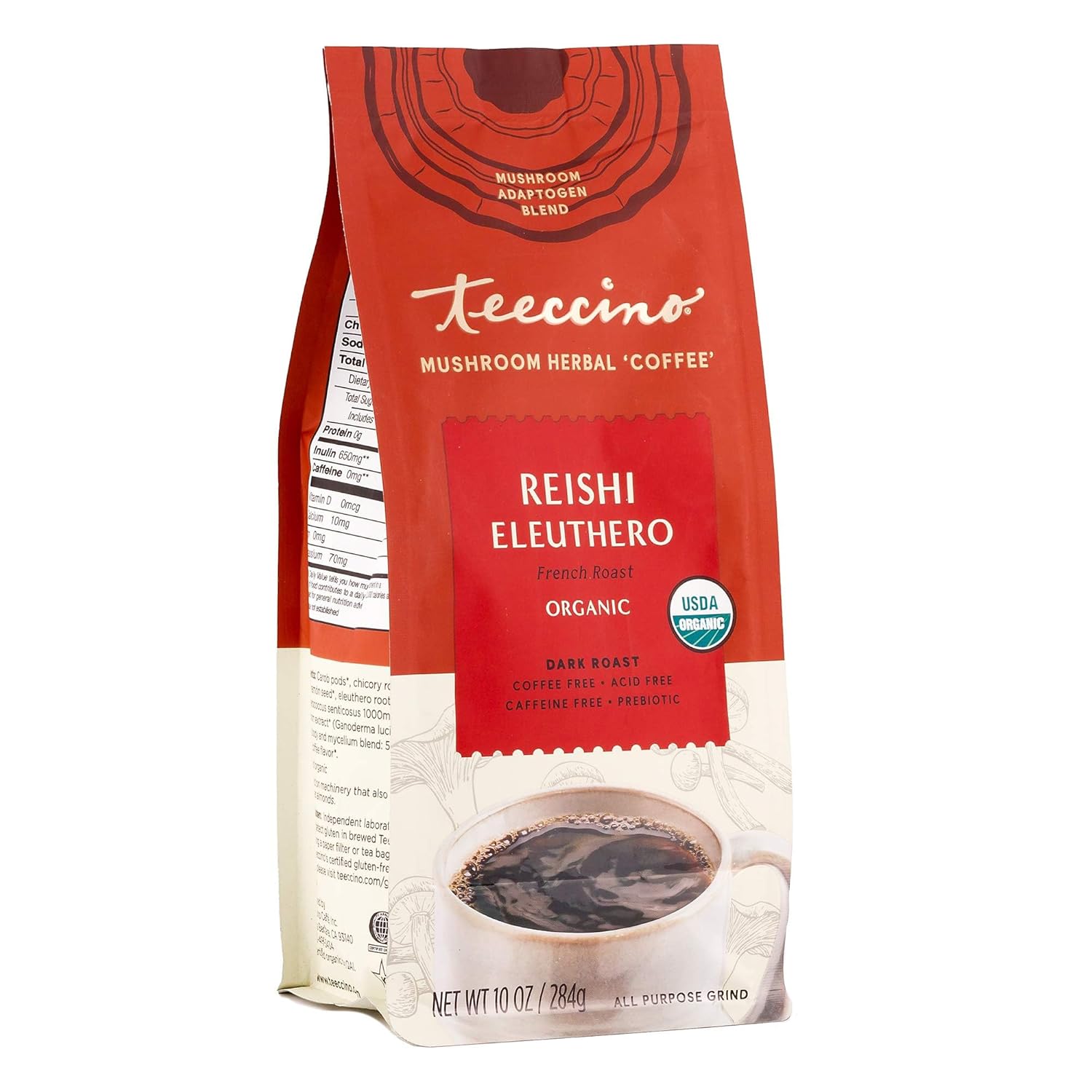 Teeccino Reishi Eleuthero Coffee Alternative - French Roast - Organic Adaptogenic Herbal Mushroom Coffee, Dark Roast, Caffeine Free, Prebiotic, Acid Free, All-Purpose Grind - 10 Oz, Pack of 3