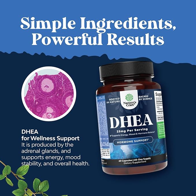 DHEA Supplement for Women & Men - Pure DHEA 25mg for Hormone Balance, Improves Mood Stability, Brain Function, Immune System, Energy & Fertility - Dehydroepiandrosterone Capsules for Adults - 60 Ct