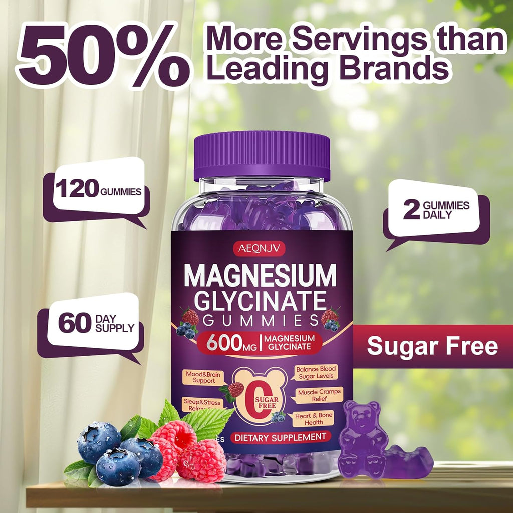 Magnesium Glycinate Gummy 600mg, Chewable Sugar Free Potassium Magnesium Gummy for Sleep, Body Support and Relaxation, Magnesium Supplements with Vitamin D, B6, and CoQ10 for Men & Women