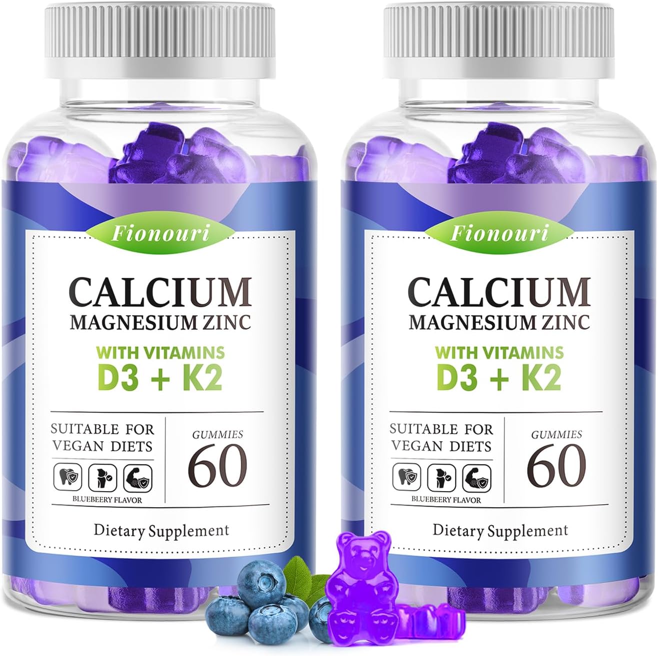 Calcium Magnesium Zinc Gummies with Vitamin D3 & K2 - High Potency Enhanced Absorption -120 Blueberry Gummies Flavored