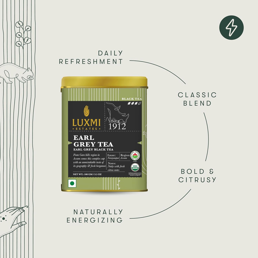 Luxmi Estates Garo Hills Earl Grey Tea 100gm Tin | Certified Organic Black Tea