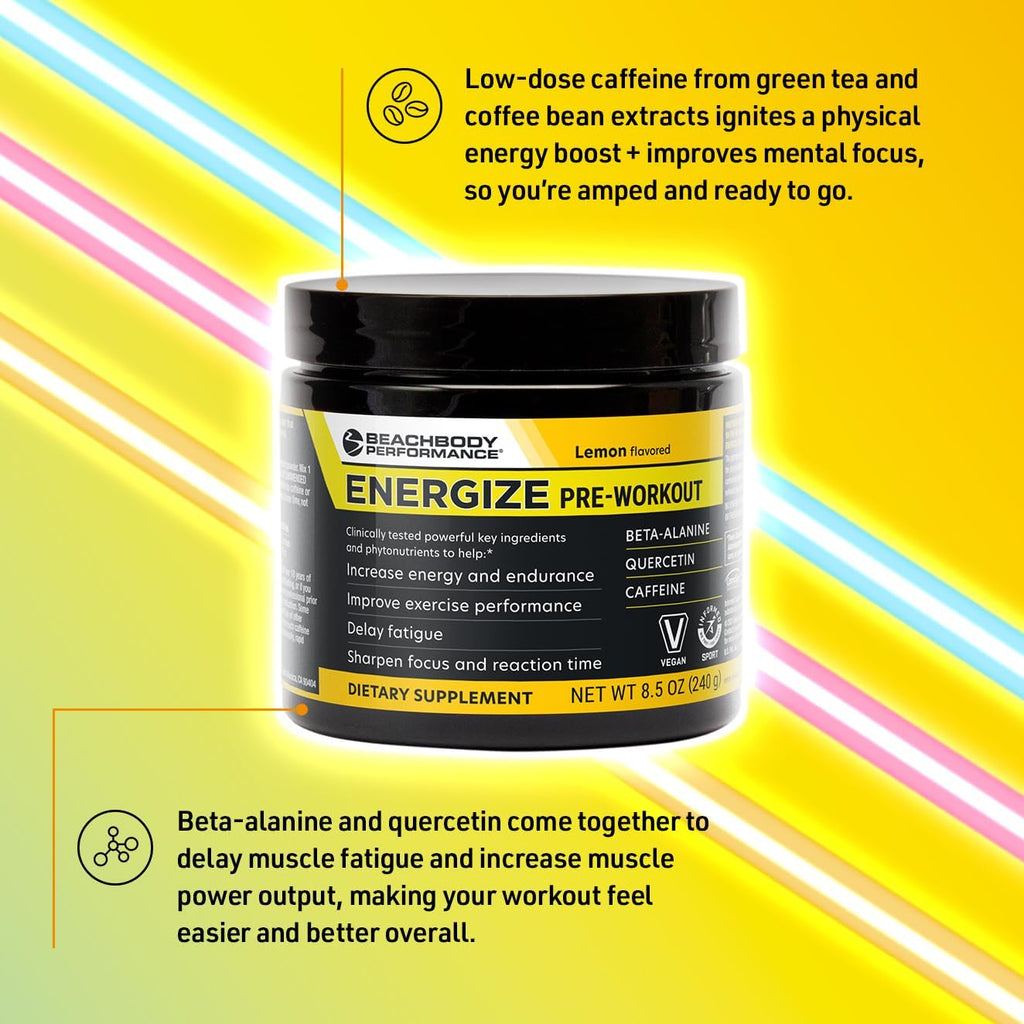 BODi Energize Pre Workout Powder - Beta-Alanine, Quercetin & Low-Dose Caffeine Formula for Enhanced Energy & Focus, Increase Energy & Endurance Supplement, Lemon Flavored, 40 Servings