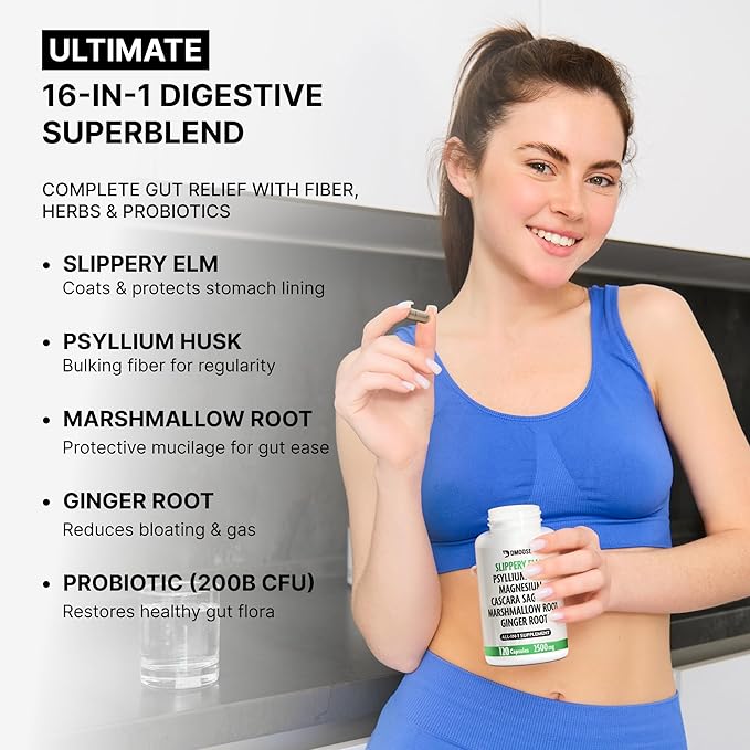 16 in 1 Slippery Elm Bark for Women & Men - Digestive Health & Leaky Gut Wellness Supplement - Probiotic, Psyllium Husk, Cascara, Magnesium & Marshmallow Root Complex - DGL Licorice Extract Capsules