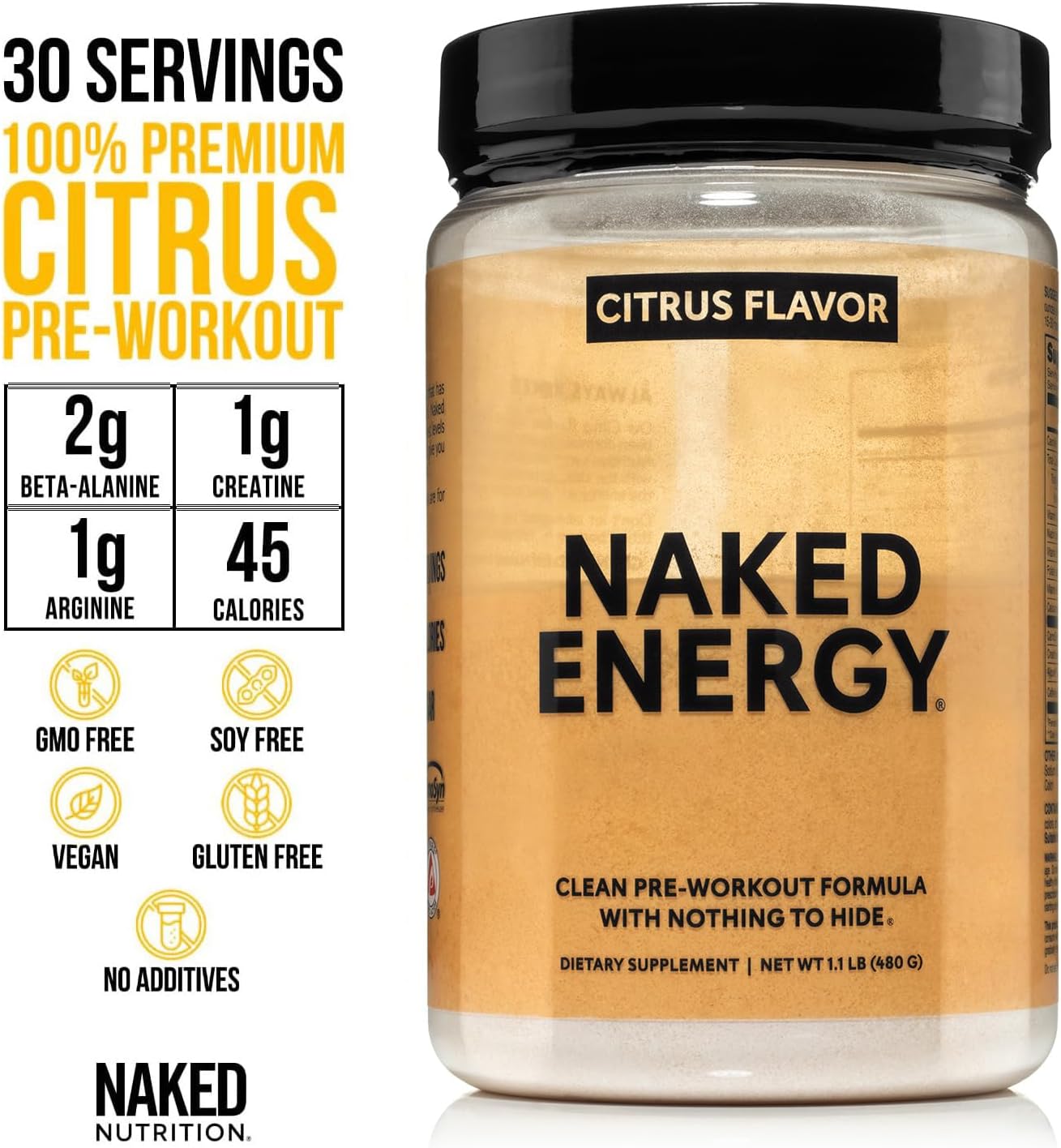 NAKED Citrus Energy - Citrus Flavored Clean Pre Workout Supplement for Men and Women, Vegan Friendly, No Added Sweeteners, Colors Or Flavors - 30 Servings