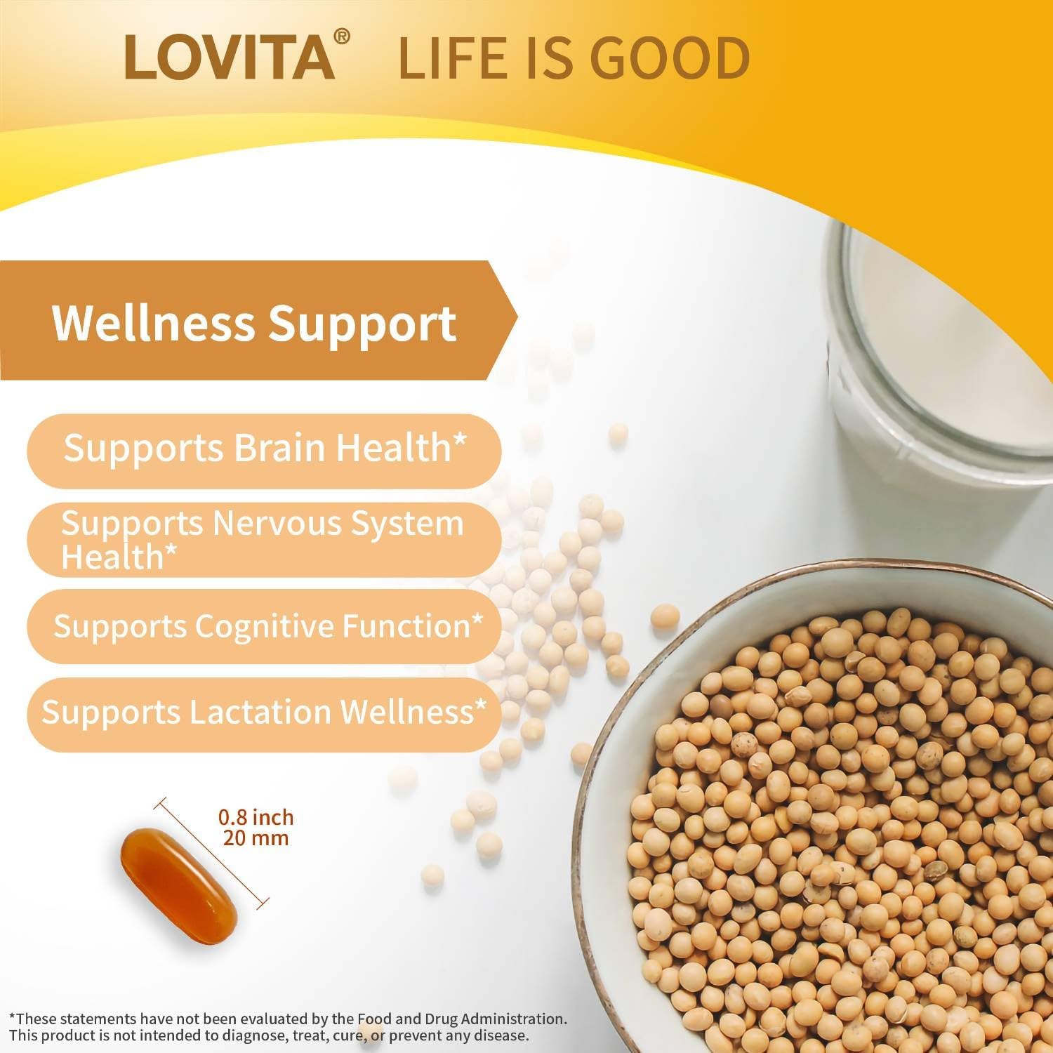 Lovita Lecithin, 1000mg per Softgel, 35% Phosphatidyl Choline | Lactation, Brain & Nerve Support | Vegan, Non-GMO, 60 Softgels